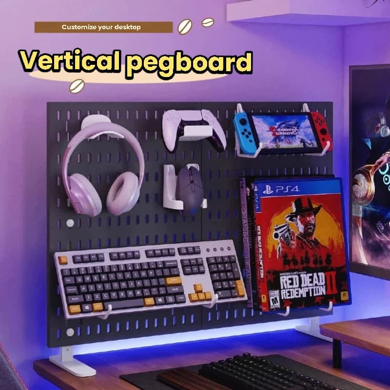 Système de rangement Pegboard pour bureau de gaming, sans perçage, pour manettes, casques, figurines, souris, crochets et étagère