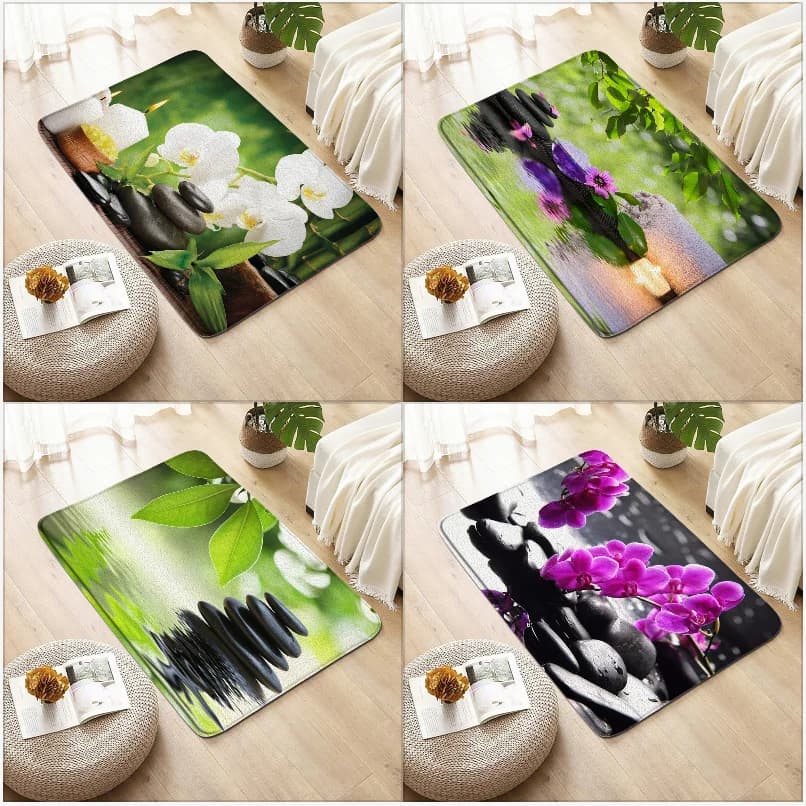 Tapis de bain Zen en pierre noire, orchidées d'eau, feuilles de fleurs, décoration de salle de bain, Spa, tapis d'entrée antidérapant, tapis de sol, décoration de maison