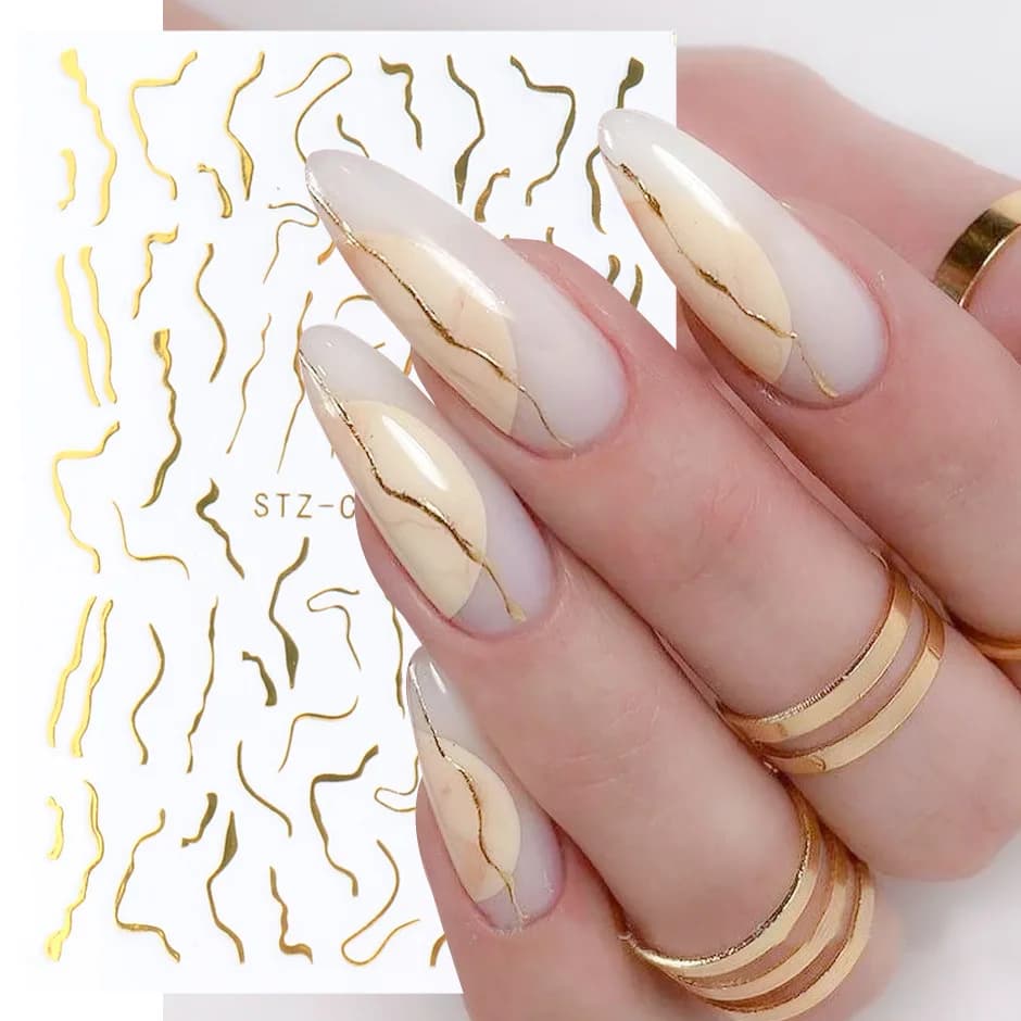 Nouveaux autocollants pour nail art : Décorations d'ongles tendance style influenceur européen et américain, lignes dorées imitation or, pour manucure simple