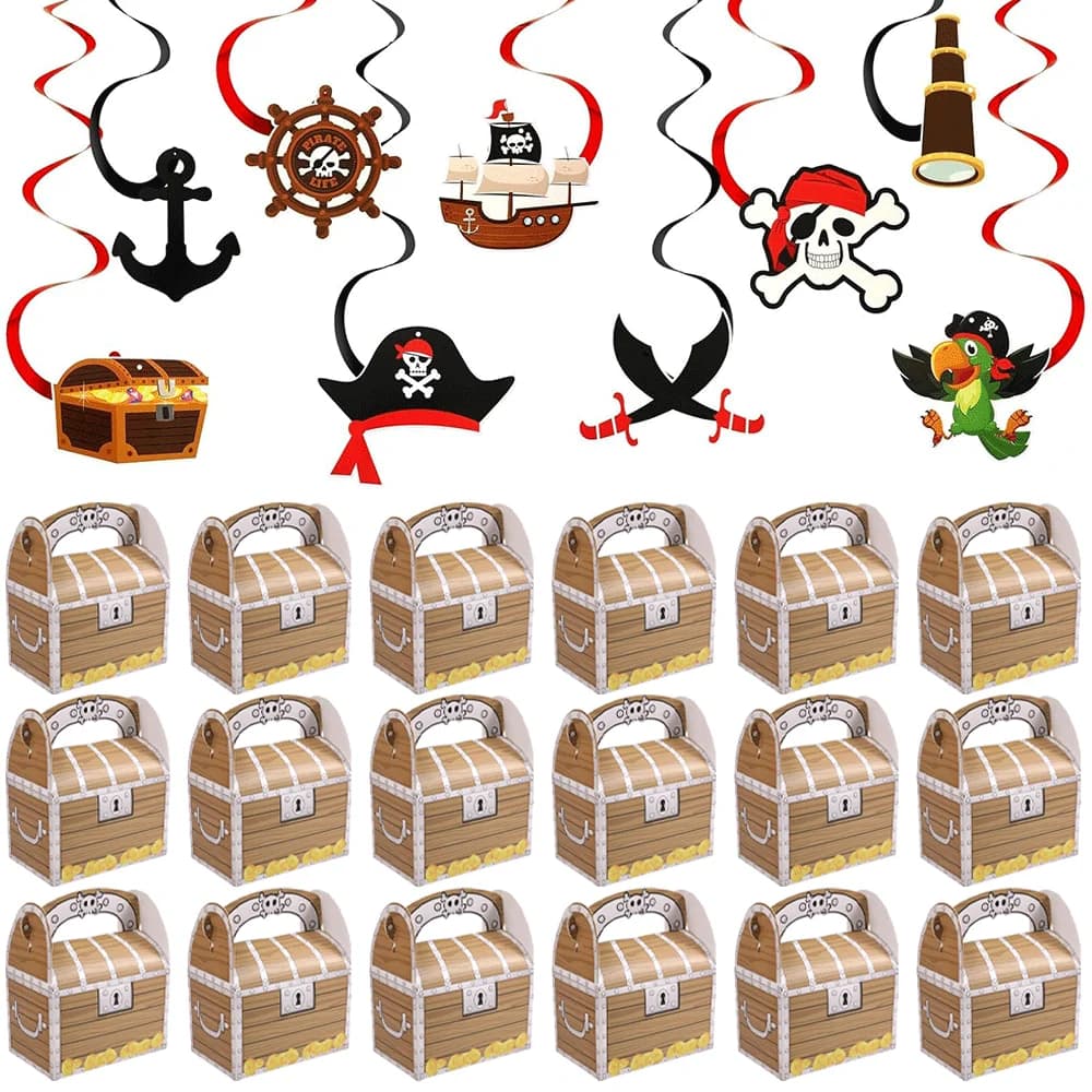 Décorations de fête d'anniversaire de Pirates, bannière tourbillonnante suspendue, coffre au trésor de Pirate, boîtes à bonbons pour enfants garçons, fournitures de fête de chasse au trésor