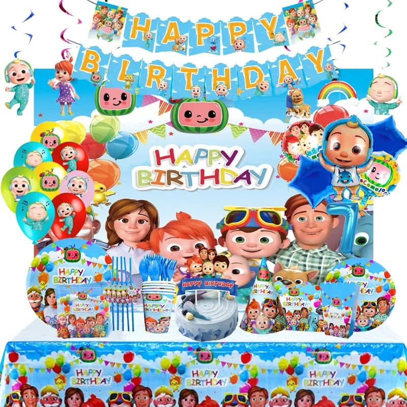 Décorations de fête sur le thème de Cocomelon, décorations de dessins animés, ensemble de ballons, accessoires de décoration de lieux, fournitures pour anniversaires et fêtes, cadeaux, nouveauté