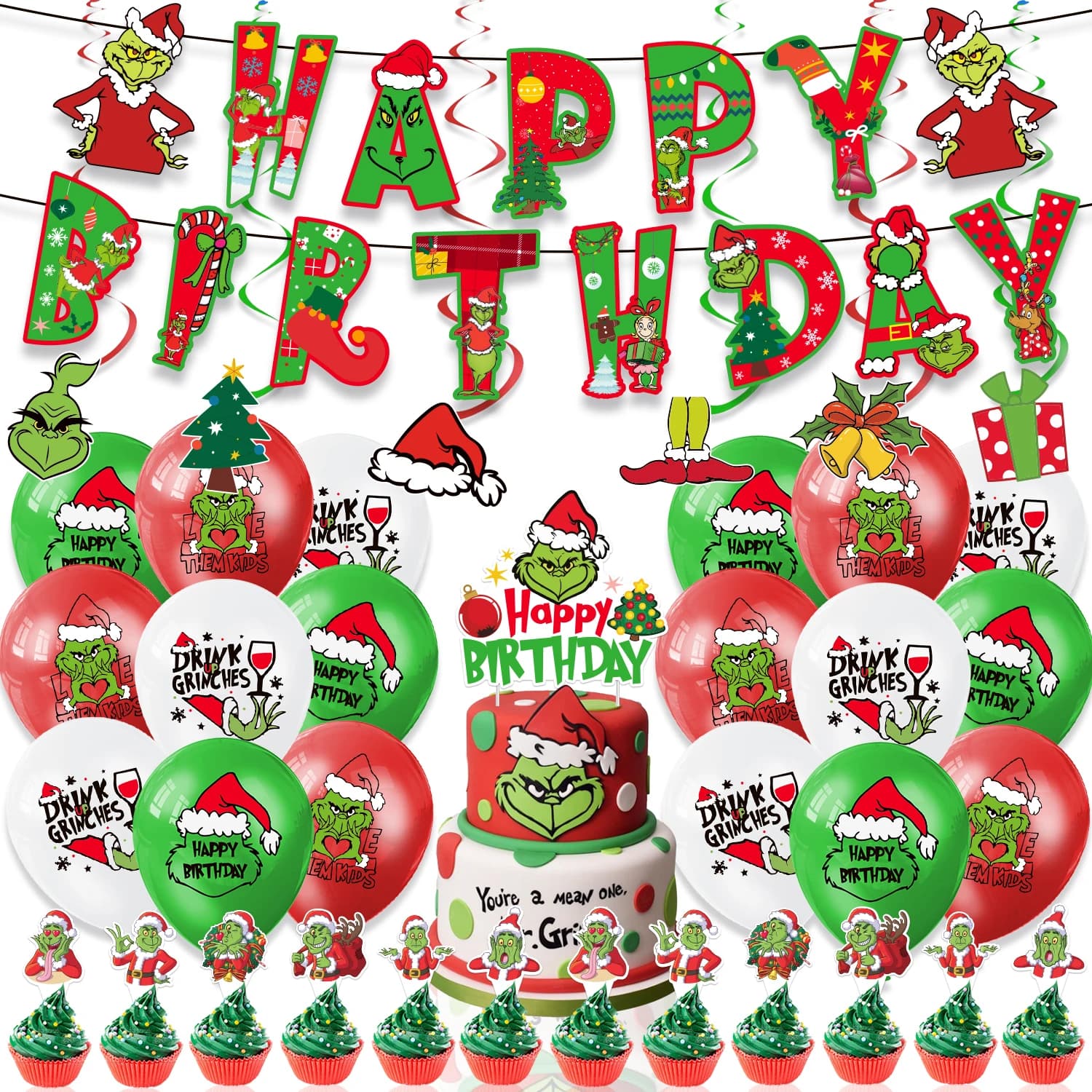 Décorations de fête d'anniversaire Grinch comprenant une bannière, un topper de gâteau, des spirales suspendues et des ballons, parfaites pour les cadeaux de fête Grinch