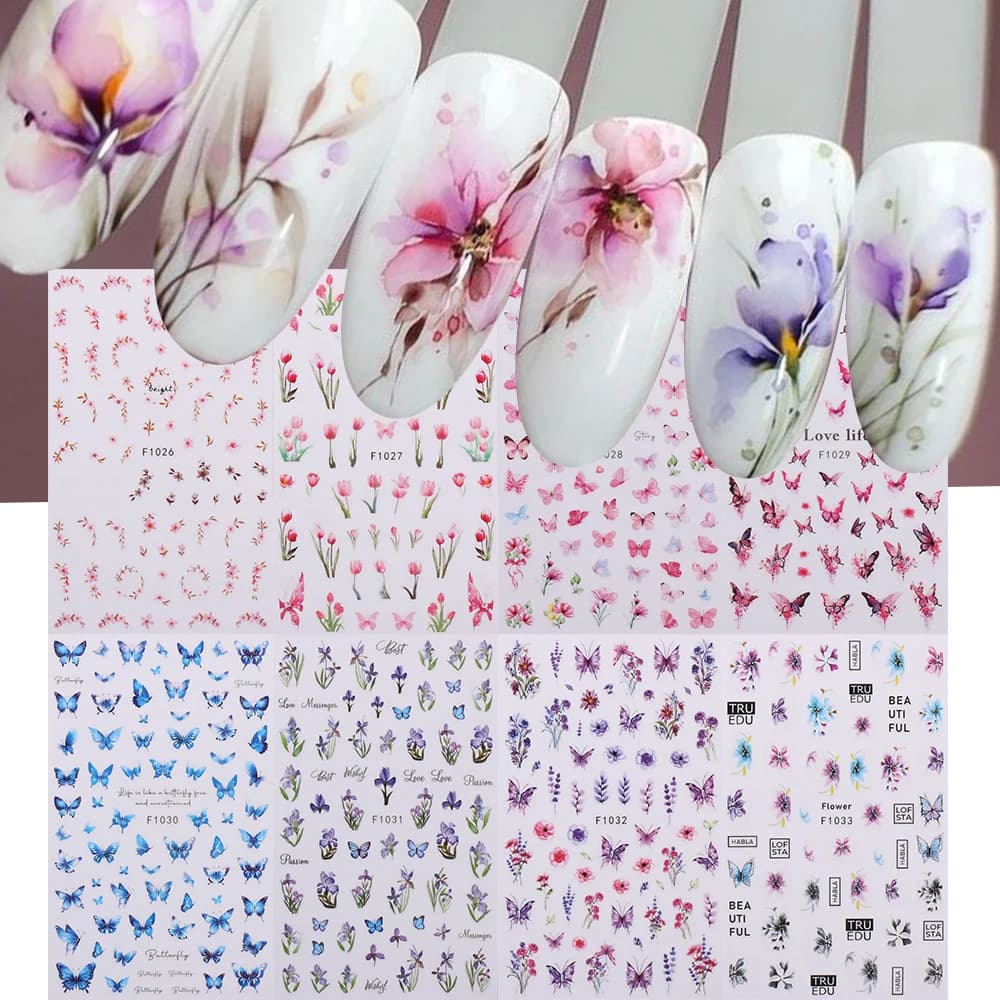 8 autocollants pour ongles printemps-été, motifs floraux, aquarelle, papillons, décorations pour ongles