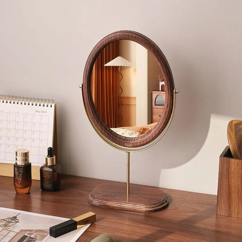 Miroir de courtoisie décoratif rétro en bois de style chinois, miroir de table rotatif, ornement de bureau simple pour dortoir