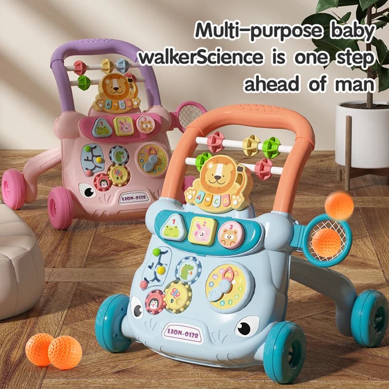 Marche-bébé avec centre d'activités musicales, jouet d'apprentissage multifonctionnel pour tout-petits, marche-bébé de dessin animé pour les garçons et les filles de 18 mois et plus