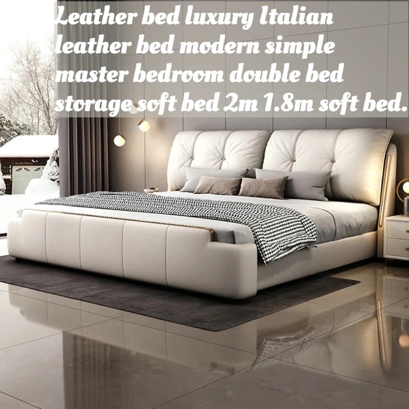 Cadre de lit king size avec rangement, revêtement en cuir, style moderne minimaliste, luxe italien léger, pour chambre principale, disponible en tailles queen 200cm et 180cm