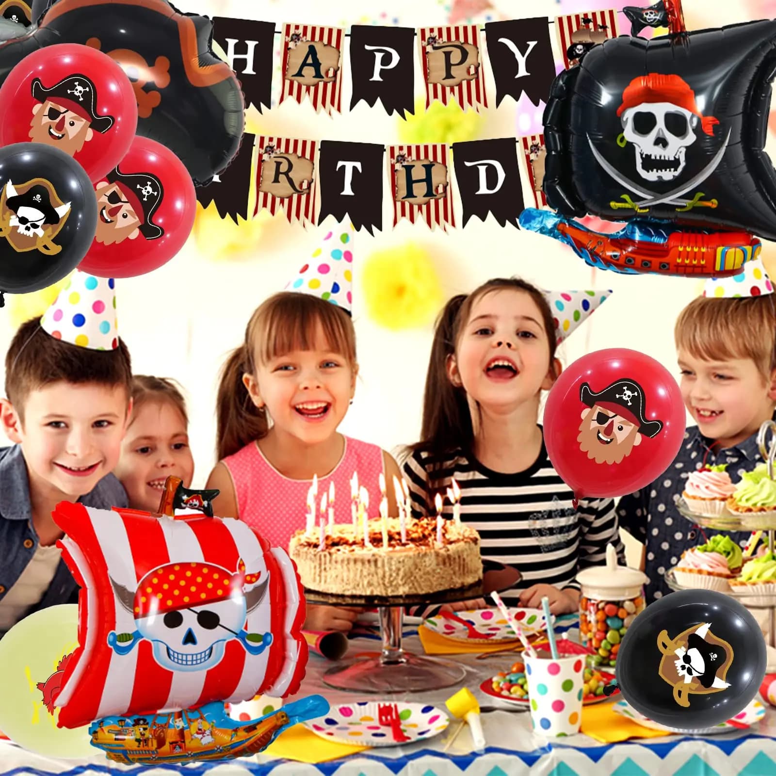 Décorations de fête d'anniversaire sur le thème des pirates, 38 pièces avec bannière, ballons, décorations pour cupcakes, ballons en aluminium en forme de bateau et de requin