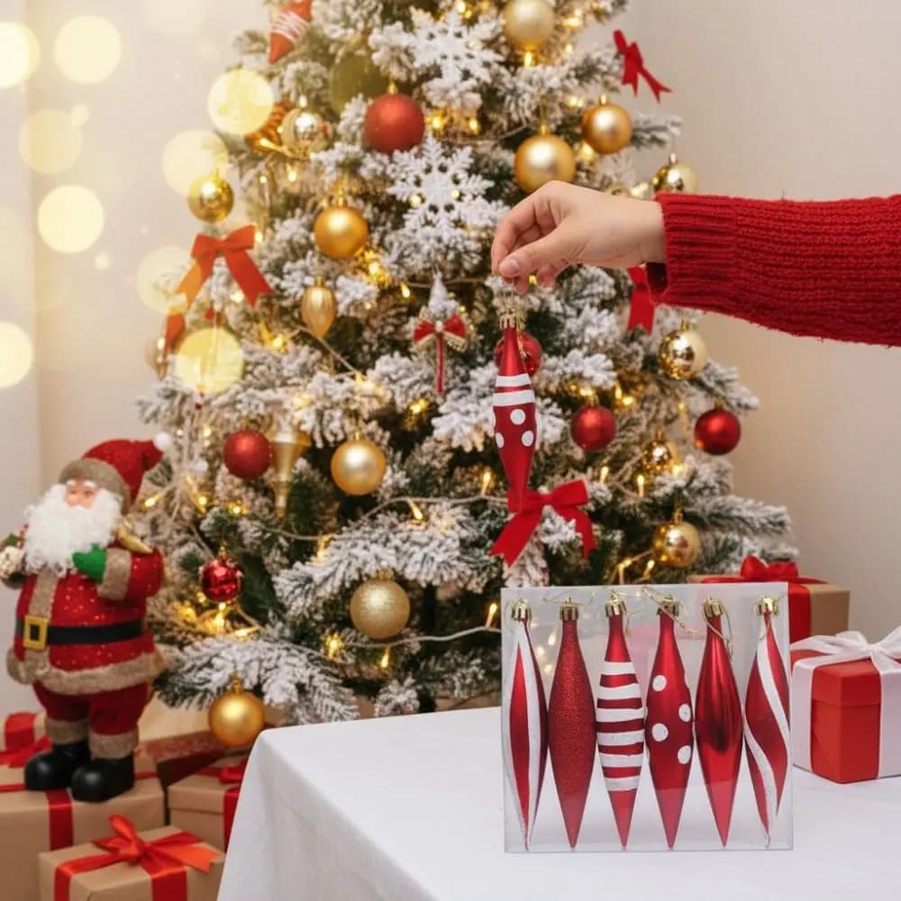 6Pcs Red Color Christmas Tree Decoration Plastic Material Unique Pattern Christmas Ornaments Electroplated Finish Handcrafted