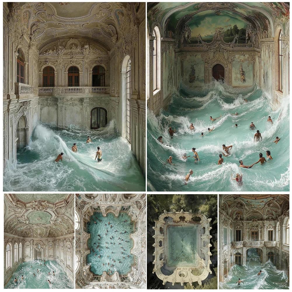 Château et piscine, Art mural fantastique, peinture sur toile, les gens qui surf dans le château, affiche d'art et impression, décoration de la maison