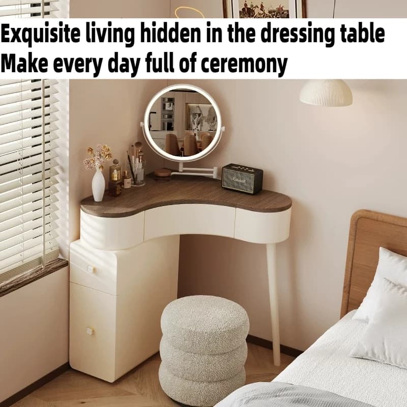 Coiffeuse d'angle 70 cm avec miroir et tabouret en bois, confortable et luxueuse, pour chambre à coucher, mobilier de chambre