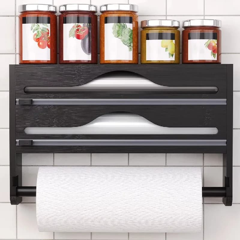 Boîte de rangement 3-en-1 en bambou pour film alimentaire avec support pour essuie-tout, organisateur pour papier d'aluminium et papier sulfurisé