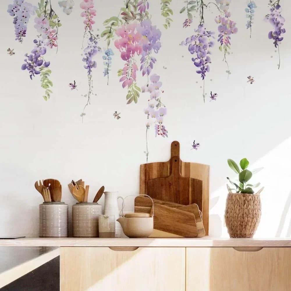 Autocollants muraux floraux plantes à fleurs, décoration de chambre à coucher, papier peint adhésif pour meubles muraux, porte intérieure de maison