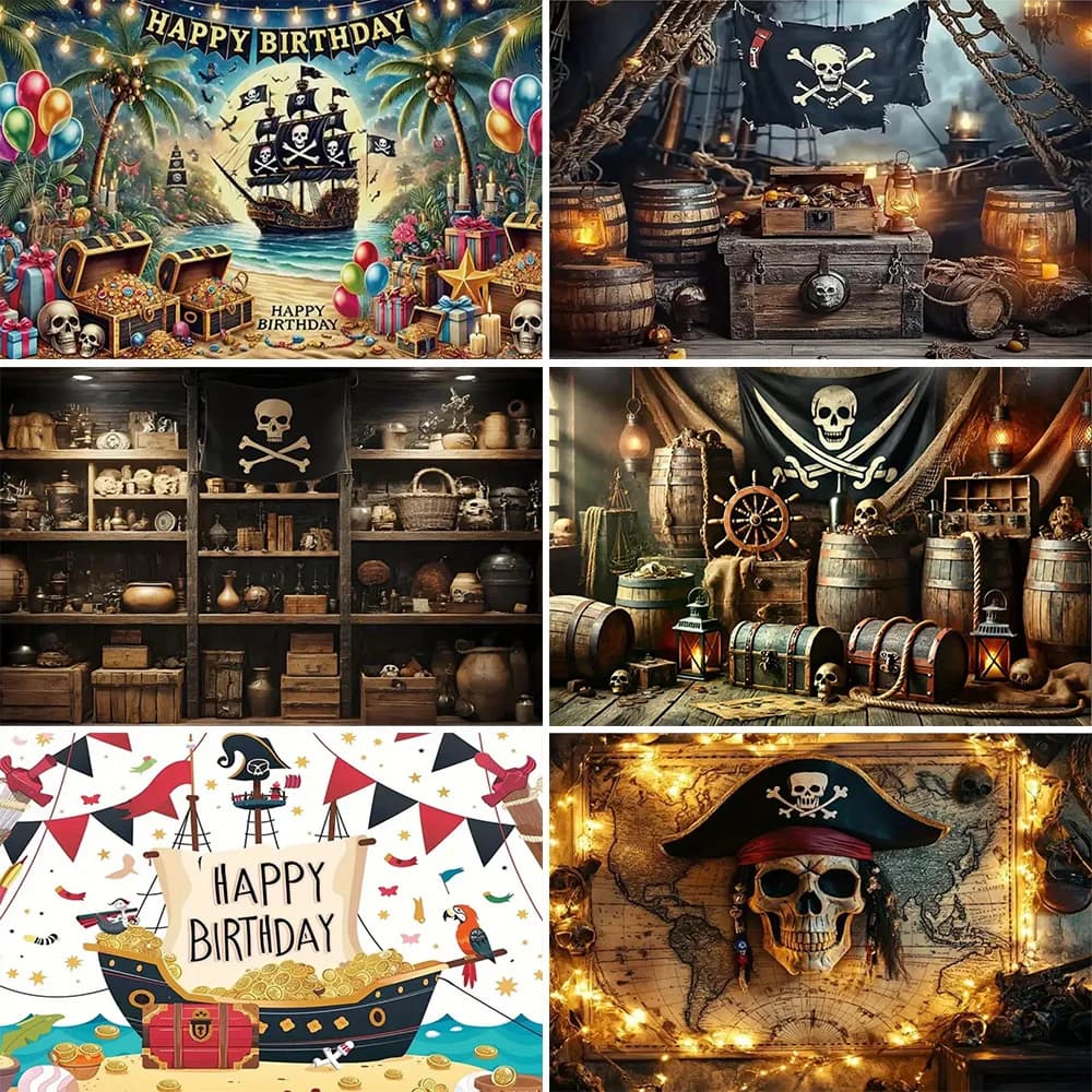 Décor de fête d'anniversaire sur le thème des pirates, fond de scène avec ballons en forme de pièces d'or, toile de fond océanique, accessoires de photographie pour enfants, bannière, accessoires