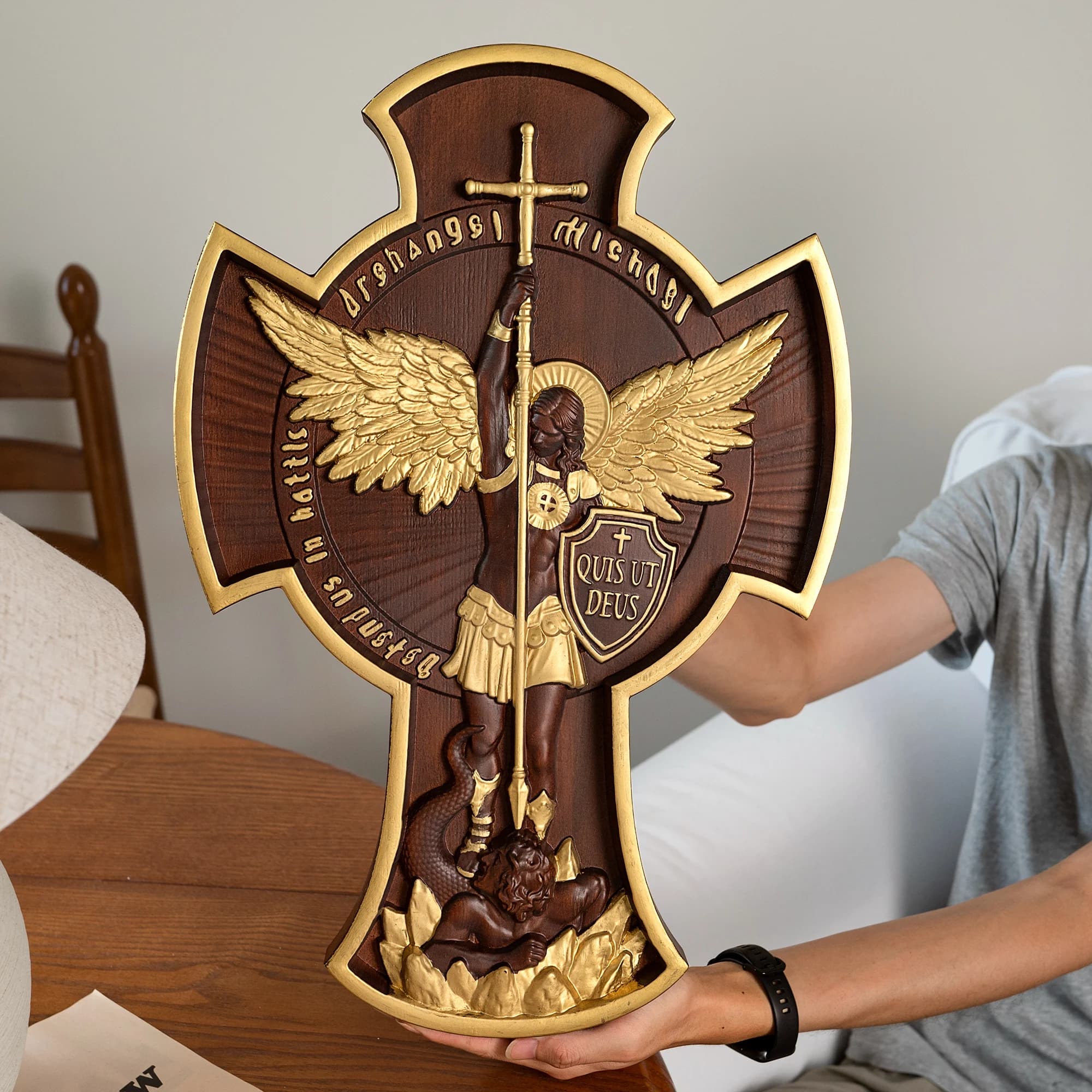 Saint Michel Archange Croix Statue Saint Patron, Figure Religieuse, Décoration Murale Maison, Cadeau Chrétien En Bois