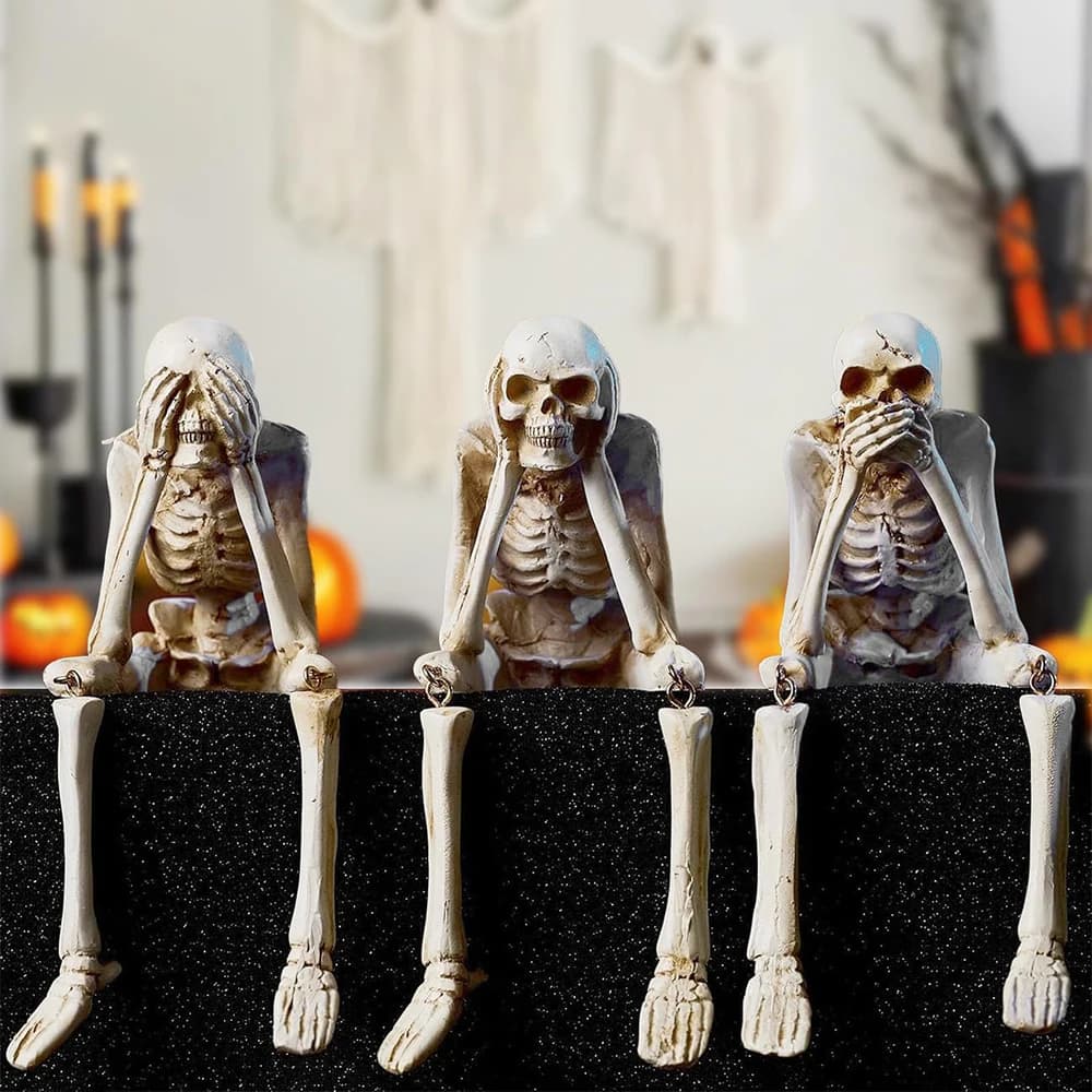 Statues de squelette d'intérieur pour décoration d'Halloween, voir parler, entendre pas mal, figurines pour table de manteau, crâne en résine réaliste, gothique effrayant