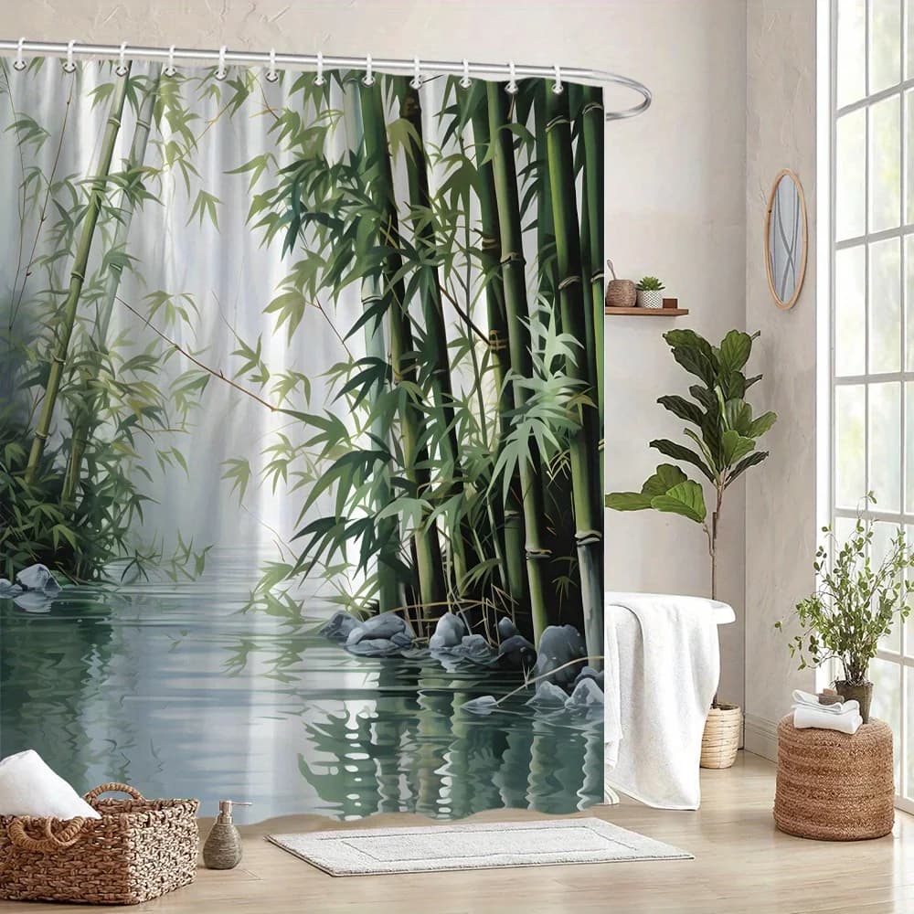 Rideau de douche Zen Bamboo 180x180cm – Design forêt minimaliste, décoration apaisante pour salle de bain, cadeau, 12 crochets