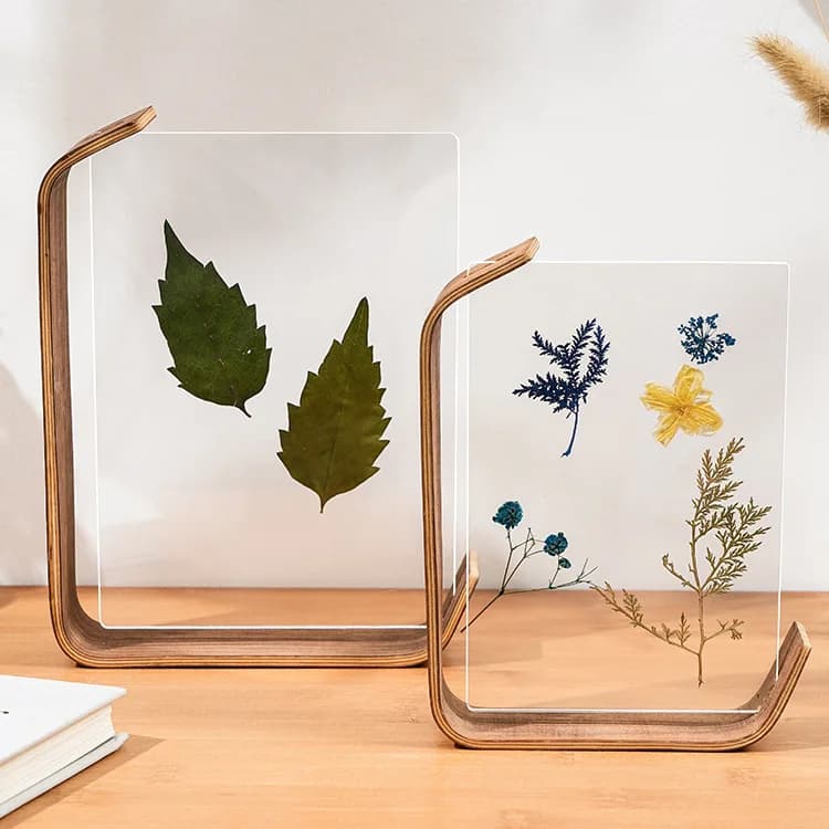 Cadre photo en acrylique et bois, cadre flottant transparent double face pour fleurs pressées, feuilles séchées, photos, décoration de table