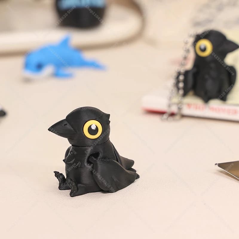 Figurine de Corbeau à Ailes Mobiles - 5 cm, Noir, Décoration d'Oiseau Imprimée en 3D, Ailes Articulées pour Étagère/Bureau
