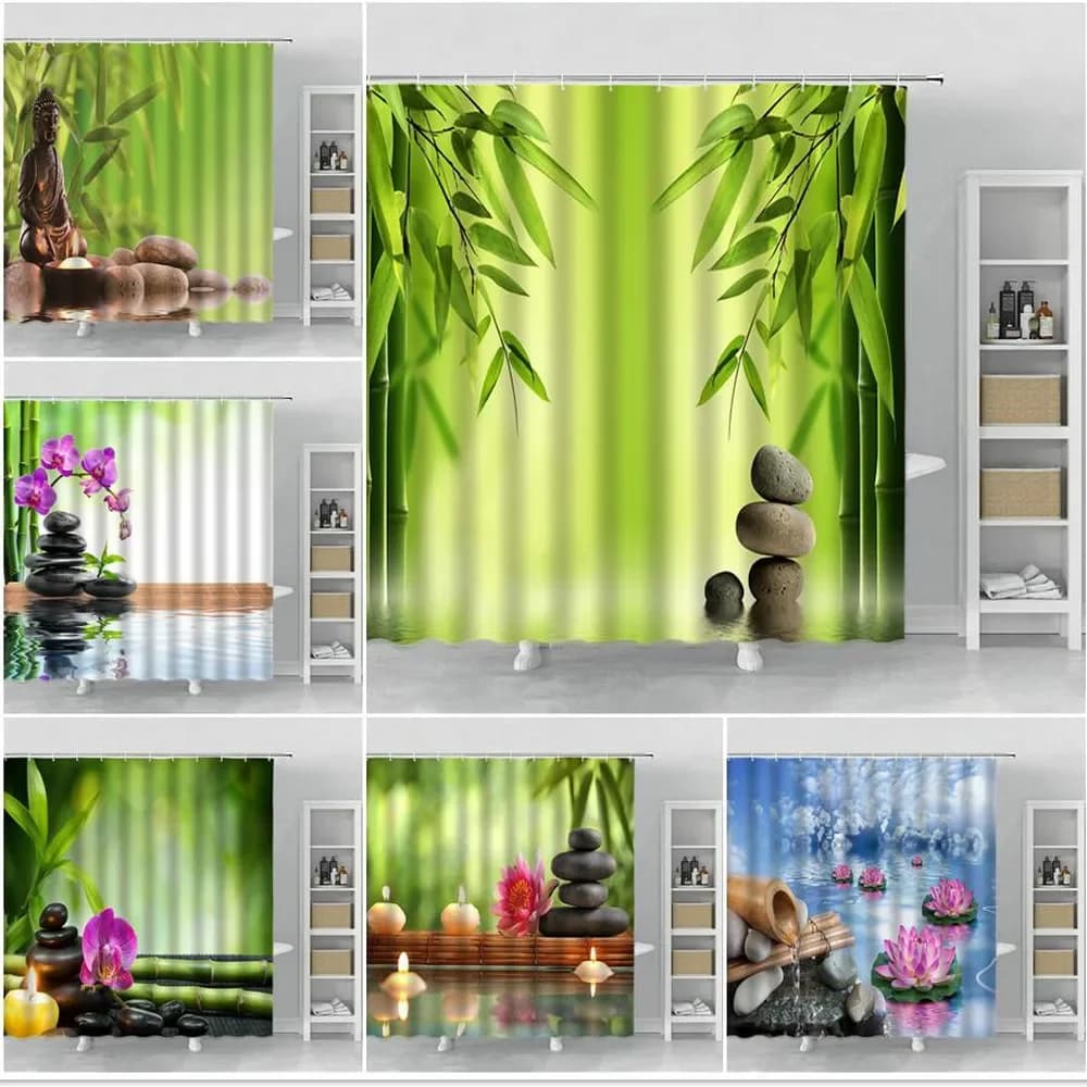 Zen – rideau de douche de jardin, Spa, bambou vert, pierre noire, fleur blanche, fournitures de décoration de salle de bain, ensembles de rideaux de bain, tissu Polyester