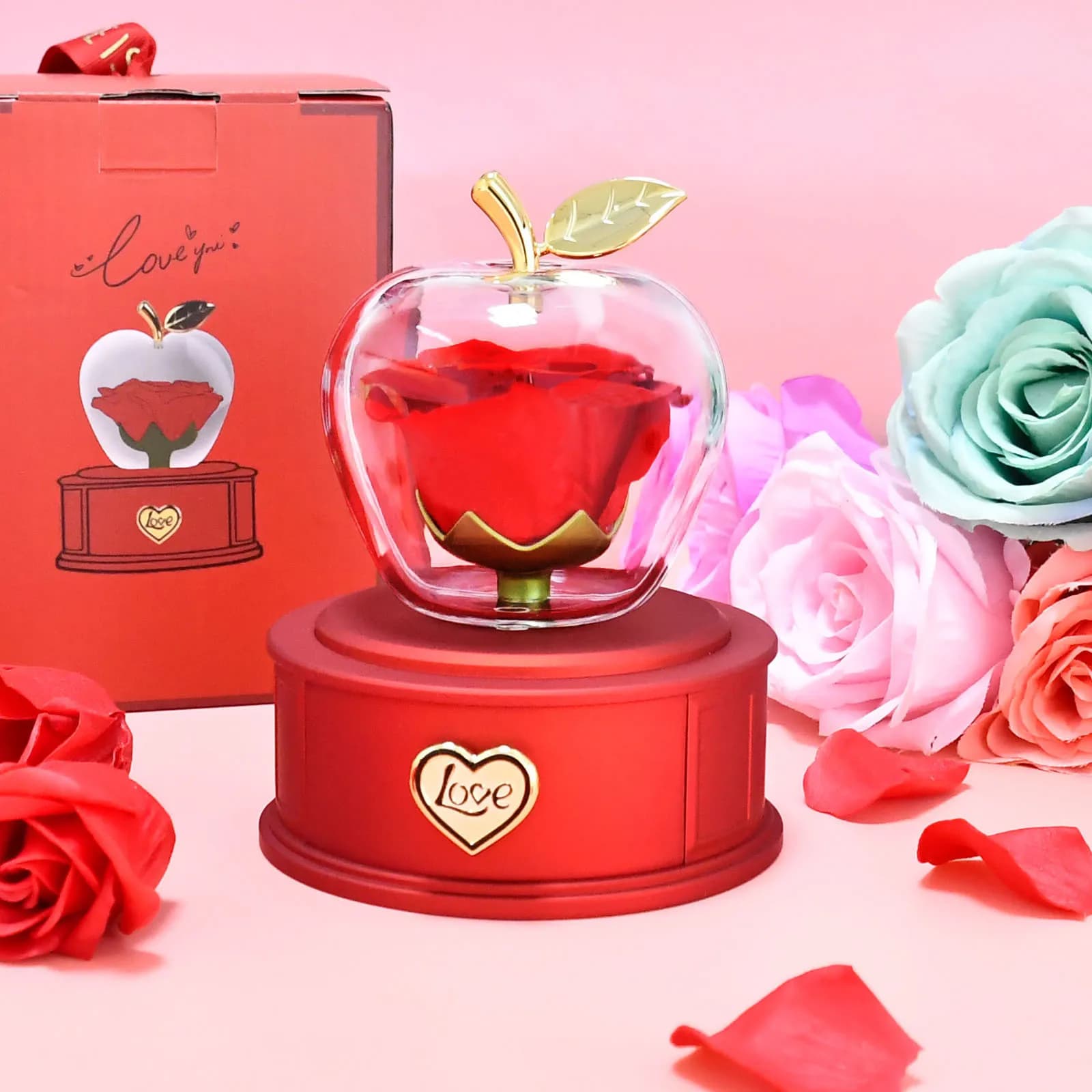 Boîte à roses véritable conservée en forme de pomme avec collier I Love You, cadeau de fleur éternelle pour l'amour éternel pour son anniversaire, jour d'anniversaire