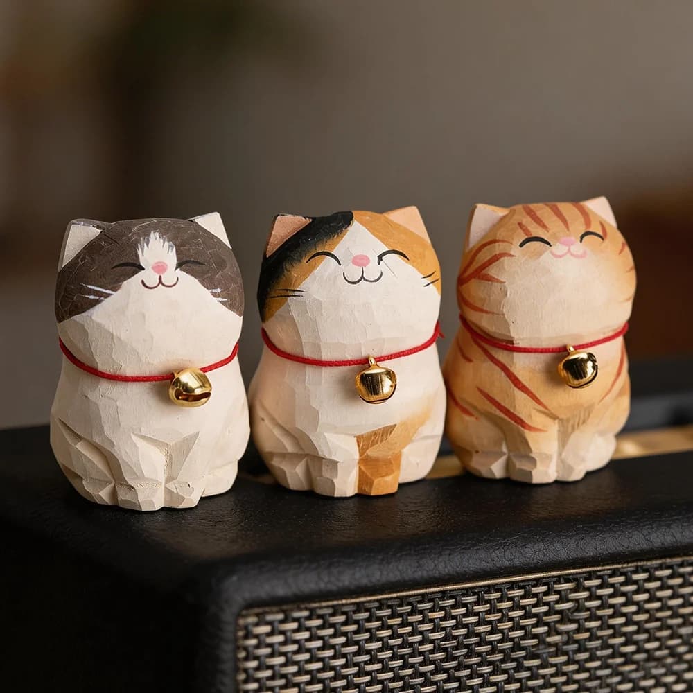 Figurine décorative en bois de chat mignon