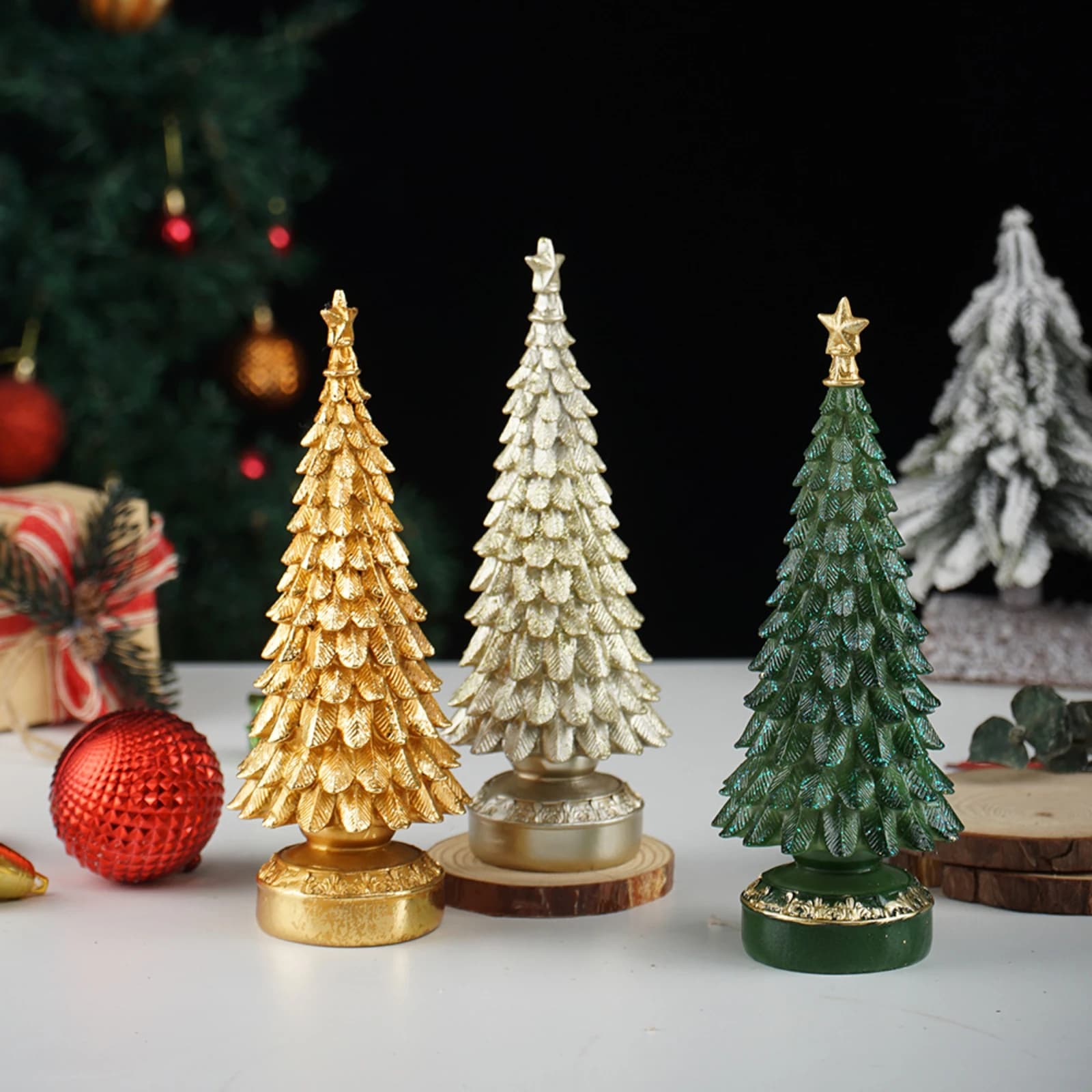 Ornement d'arbre de noël brillant, artisanat en résine alimenté, éclairage de fête à domicile, décor de bureau d'arbre de noël doré