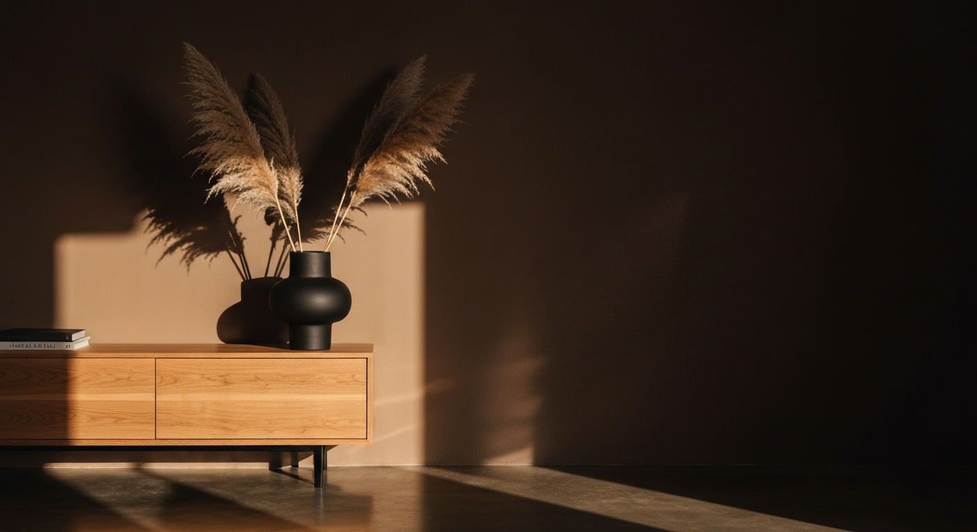 Coin de salon en golden hour avec vase sculptural et pampas séchés