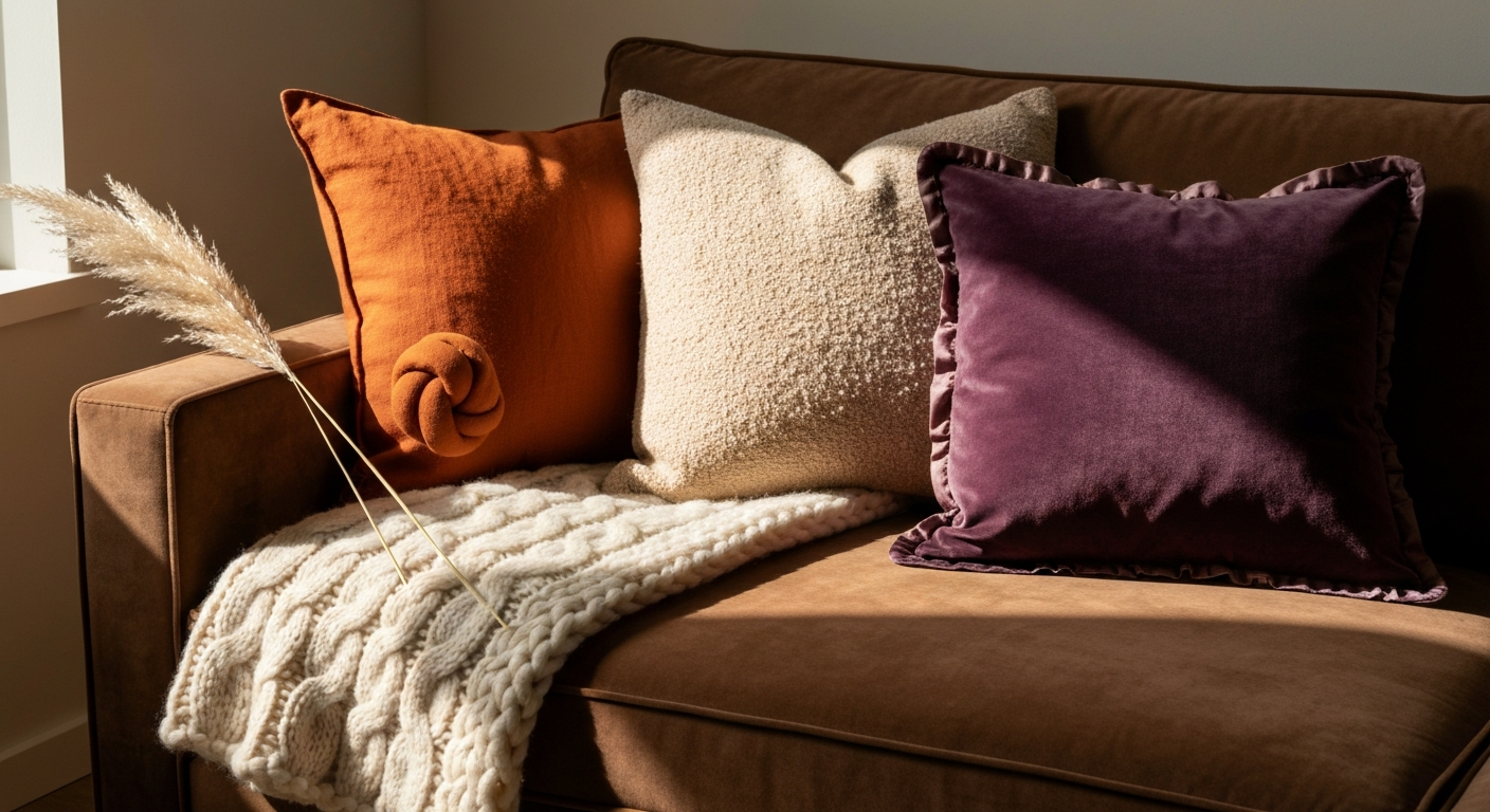 Sofa velours cocoa avec coussins terre et plaid maille ivoire