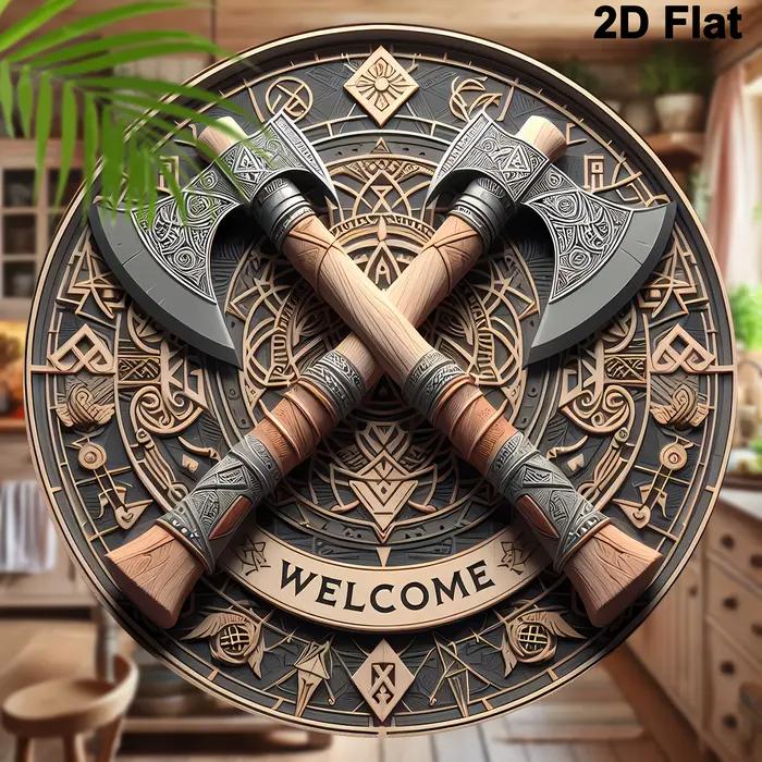 Viking Ax Welcome - Décoration murale ronde en bois de 8 pouces x 8
