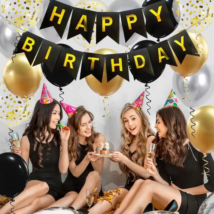  Décoration de fête d'anniversaire en or noir – 16 ballons et rubans