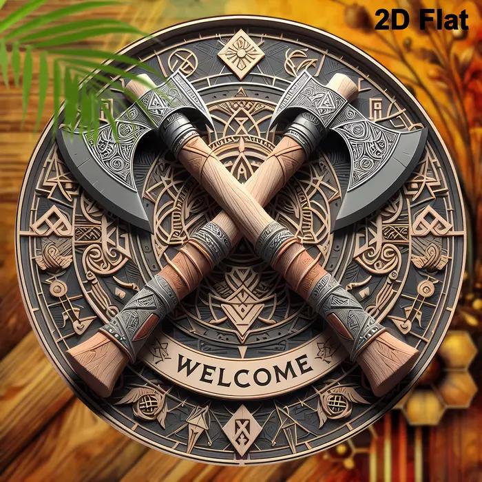 Viking Ax Welcome - Décoration murale ronde en bois de 8 pouces x 8
