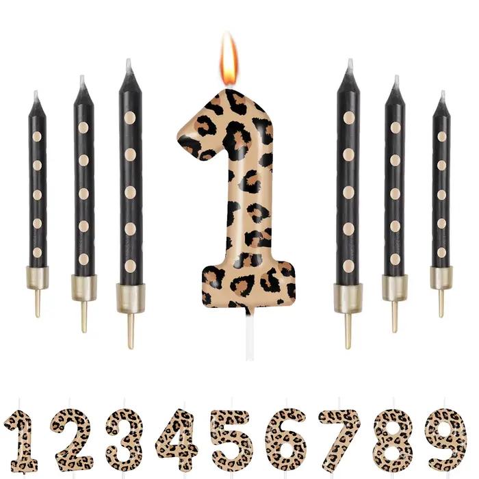 Bougies imprimées léopard numéro 0-9, bougies de gâteau d'anniversaire guépard, décorations de fête léopard, décorations de fête d'anniversaire d'animaux 7 pièces