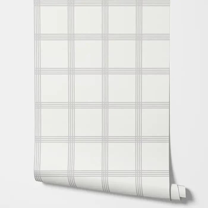Papier peint régulier à ligne de grille minimale en gris et blanc. Ou couverture murale auto-adhésive à vichy classique