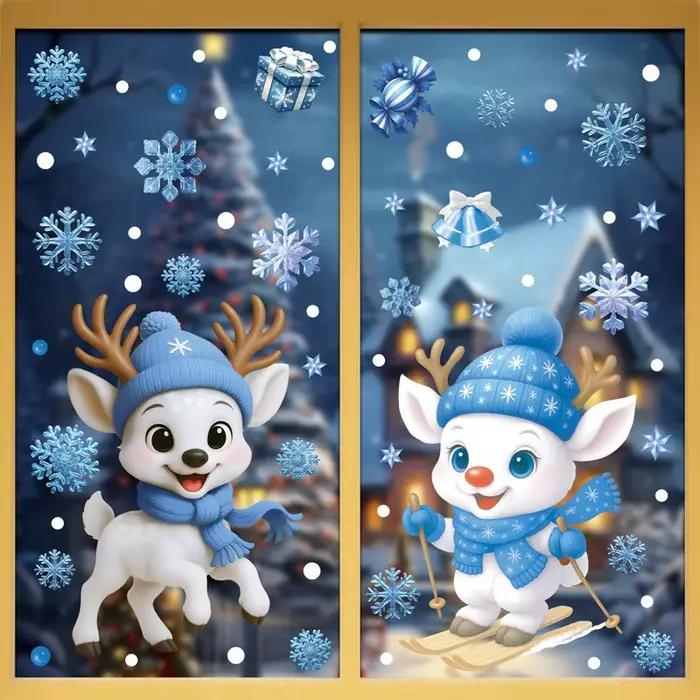 Autocollants de fenêtre de noël, bonhomme de neige d'hiver, père noël, flocon de neige, élan, autocollants statiques, ornements en verre, décor de joyeux noël