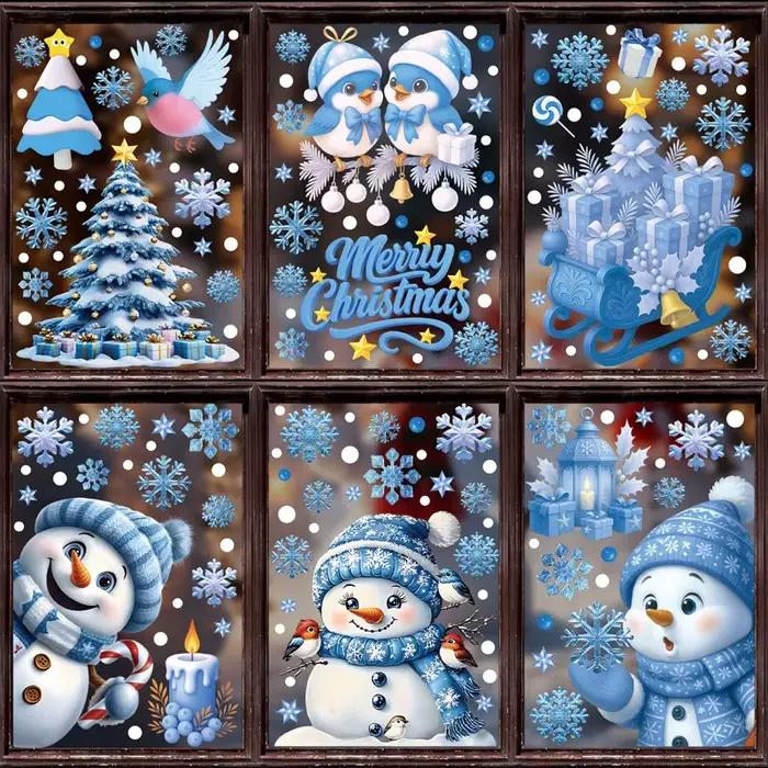 Autocollants de fenêtre de noël, bonhomme de neige d'hiver, père noël, flocon de neige, élan, autocollants statiques, ornements en verre, décor de joyeux noël
