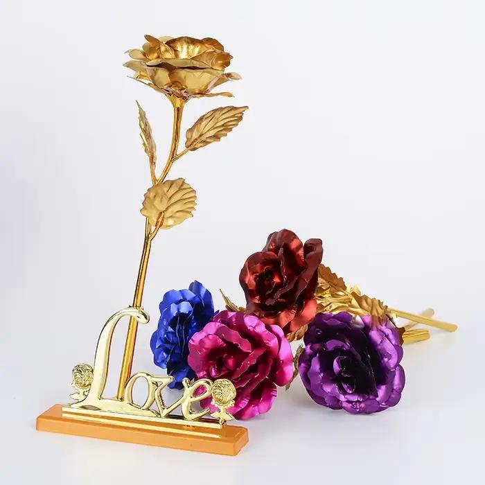 Rose romantique avec base plaquée feuille d'or 24 carats Saint Valentin cadeau créatif décor de fête de mariage Roses amour fleur éternelle