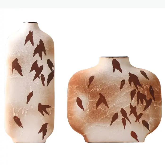 Vase en céramique de forme plate, style chinois rétro, motif feuille d'érable et hirondelle, vase à fleurs, artisanat en céramique, décoration d'intérieur