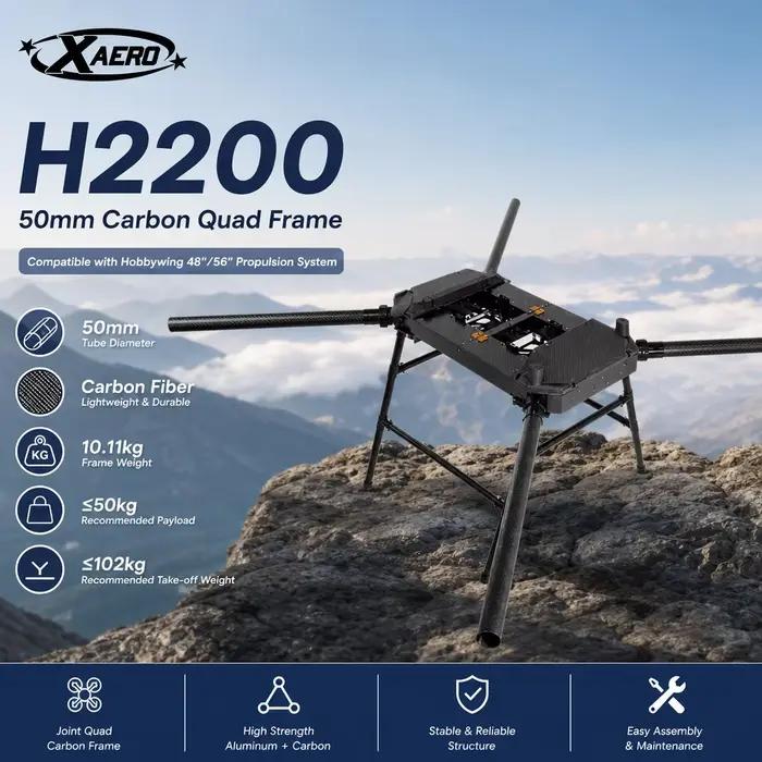 Cadre quad en carbone XAERO H2200 50 mm pour système de propulsion Hobbywing 48-56 pouces