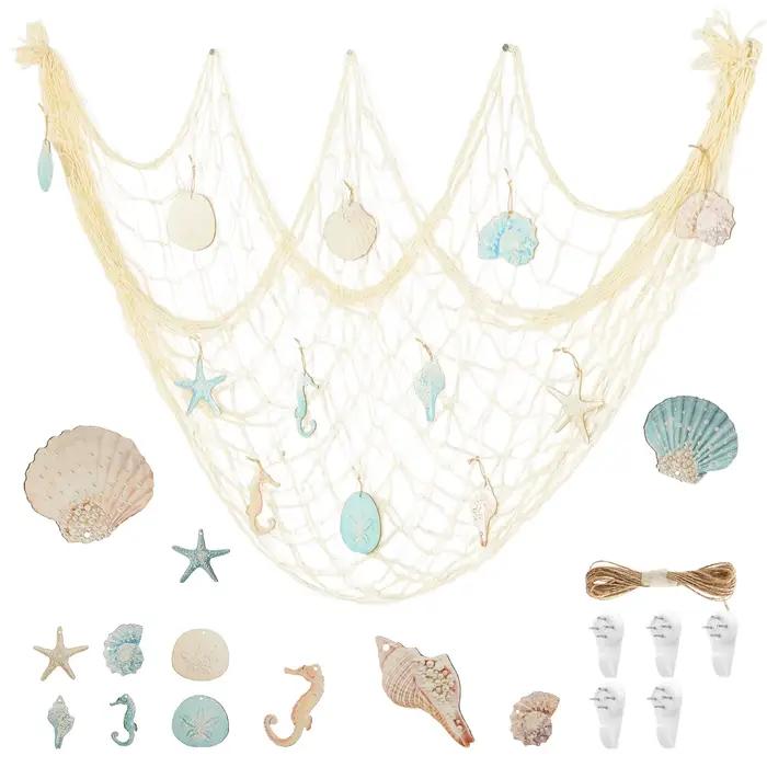 Décoration murale en filet de pêche naturel avec coquillages, thème plage, pour fêtes, chambre familiale, intérieur détendu, ambiance côtière, style méditerranéen, ornements marins