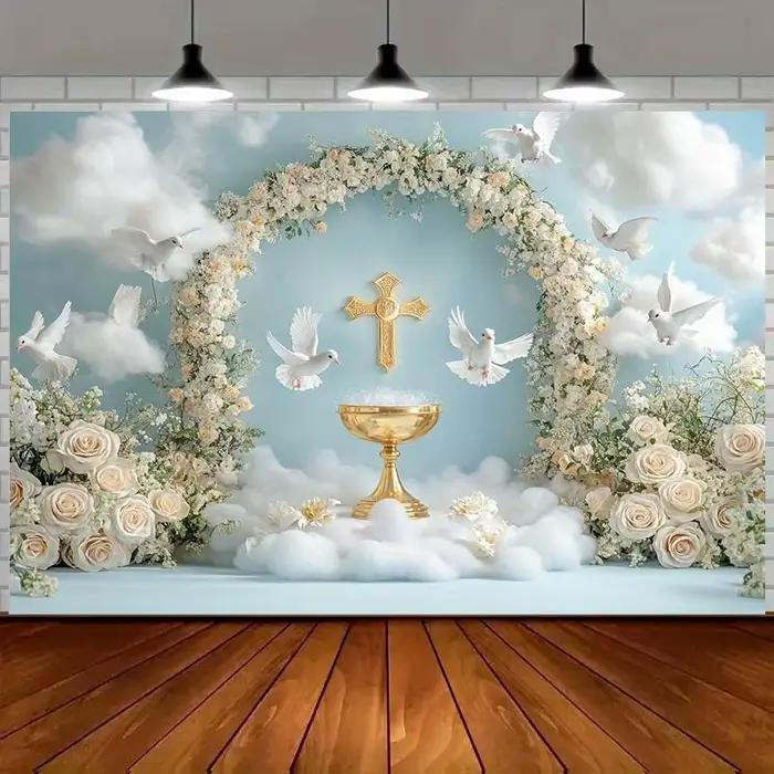 1 bannière 2D, calice doré, colombe blanche et arc floral - décoration de mariage et de fête, adaptée au baptême, première communion