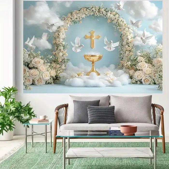 1 bannière 2D, calice doré, colombe blanche et arc floral - décoration de mariage et de fête, adaptée au baptême, première communion
