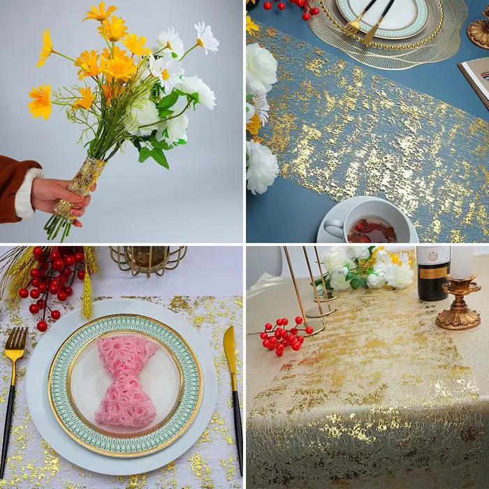 Chemin de table métallique doré à paillettes tissu scintillant pour décoration mariage anniversaire baby shower occasionnelle usage intérieur extérieur polyvalent
