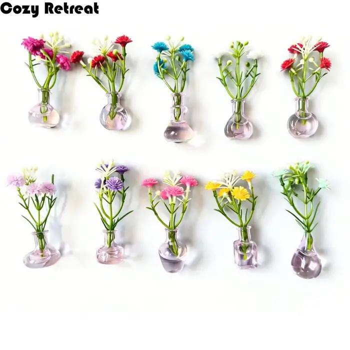 8/10 Pièces Aimants de Réfrigérateur Créatifs Modernes en Forme de Mini Vase en Verre DIY avec Fleur Artificielle –