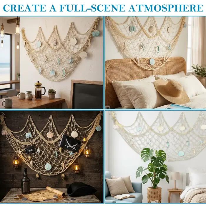 Décoration murale en filet de pêche naturel avec coquillages, thème plage, pour fêtes, chambre familiale, intérieur détendu, ambiance côtière, style méditerranéen, ornements marins