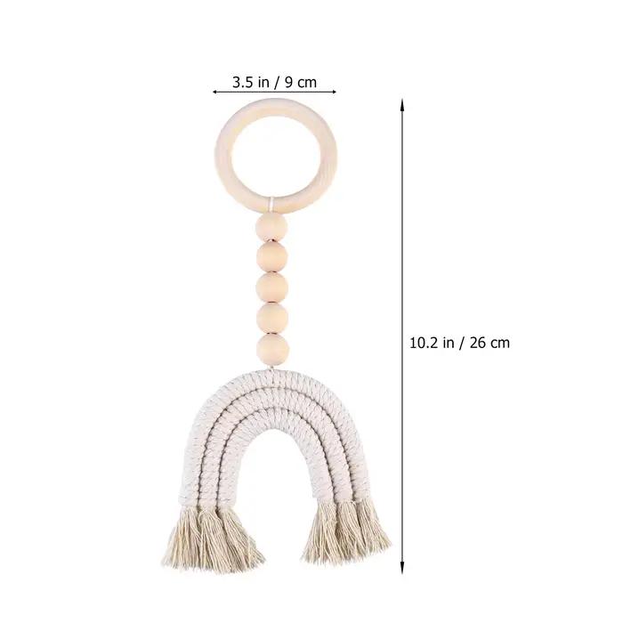 Décoration Bohème pour Chambre : Pendentif Arc-en-ciel en Perles de Bois Beige avec Pompon