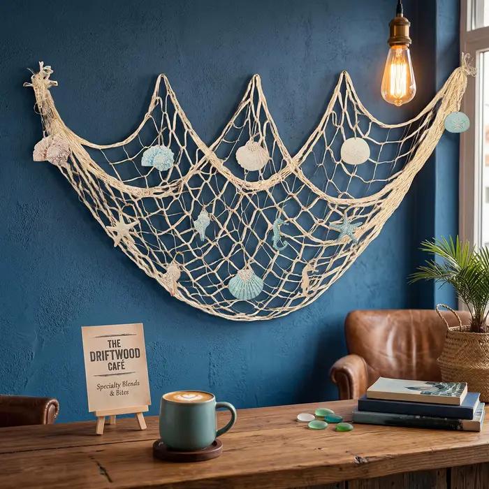 Décoration murale en filet de pêche naturel avec coquillages, thème plage, pour fêtes, chambre familiale, intérieur détendu, ambiance côtière, style méditerranéen, ornements marins