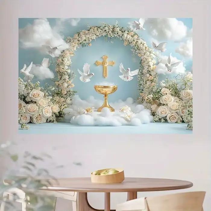 1 bannière 2D, calice doré, colombe blanche et arc floral - décoration de mariage et de fête, adaptée au baptême, première communion