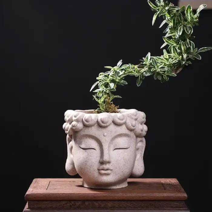 Statuette de tête de Bouddha en résine pour décoration intérieure, vase miniature pour plantes vertes, élément de décoration zen pour bureau et maison