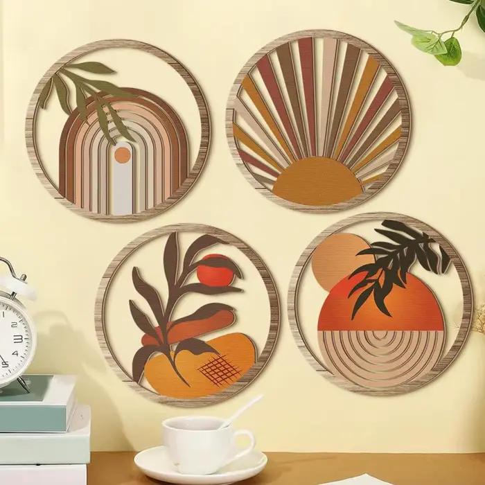 4 Pièces Décoration Murale Ronde en Bois Style Bohème, Cercle Creux Bohème, Décoration Murale Minimaliste Neutre, Panneau Mural Suspendu Style Ferme
