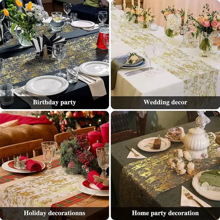 Chemin de table métallique doré à paillettes tissu scintillant pour décoration mariage anniversaire baby shower occasionnelle usage intérieur extérieur polyvalent